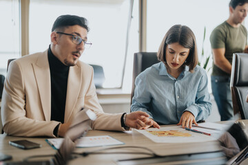 A multicultural group of business people engaged in a meeting, collaborating and discussing...