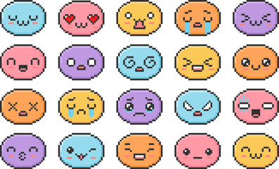 Obraz premium Emoji kawaii emoticon pixel art positive and negative expression vector set, colorful funny faces retro 8 bit avatar