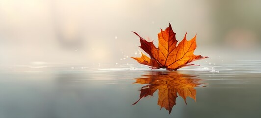 Realistic photo of single autumn maple leaf floating on calm water with perfect reflection, warm sunlight, minimalistic background, peaceful serene mood,