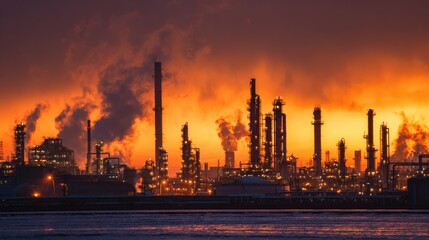 Fototapeta premium A vibrant sunset silhouette of an industrial skyline with smoke rising from chimneys, showcasing modern industry.