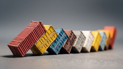 Obraz premium Shipping containers cascade in a domino effect, symbolizing global trade and the interconnectedness of commerce. A line of various colored containers evokes concepts of disruption and chain reactions.