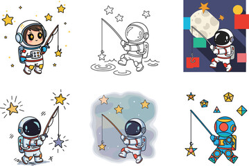 Creative astronaut fishing for stars in space, cosmic fantasy scene with galaxy background, dreamy surreal vector illustration for imagination and adventure © Ideasy Mind