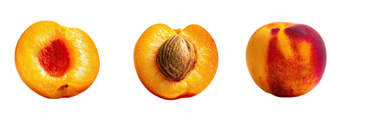 Three halved peaches, one yellow, one red, and one a mix of both