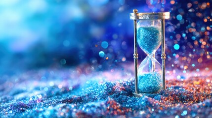 Illuminated Innovation: Futuristic Hourglass with Glowing Blue Sand on Digital Background
