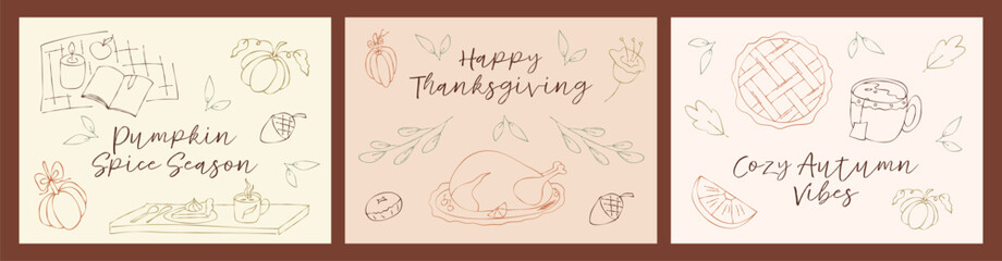 Thanksgiving harvest design. Autumn postcard with pumpkin, leaves and pie. Simple doodle autumn food. Greeting thanksgiving card