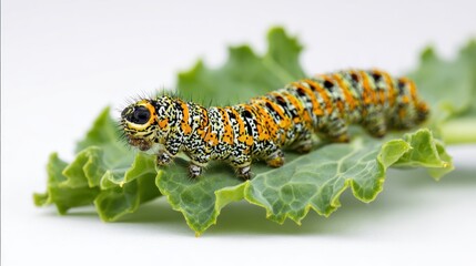 Fototapeta premium Close-up of a colorful caterpillar on a green leaf, showcasing its unique patterns and vibrant colors.