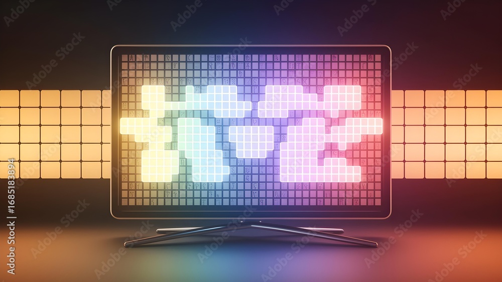 Poster a modern laptop displaying a colorful pixelated graphic with a keyboard in front, set against a back