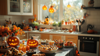 a decorated kitchen counter for Halloween, pumpkin cookies, candy bowls, themed tablecloth