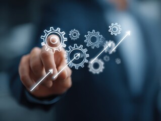 Productivity and Automation Strategy for Business Success. Businessman hand showing digital gears and arrows. system optimization, growth performance, and innovation in digital transformation