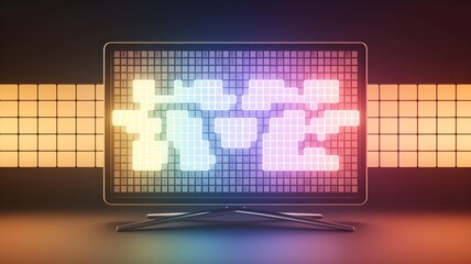 A modern laptop displaying a colorful pixelated graphic with a keyboard in front, set against a backdrop of illuminated panels