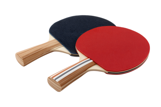 two ping pong rackets, one with black rubber and other with red rubber isolated on white background