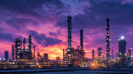 Dramatic skyline of an industrial area at sunset, showcasing towering structures and colorful skies.