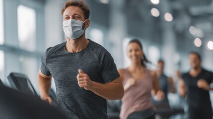Dynamic indoor workout scene depicting individuals exercising with masks, emphasizing health and fitness.