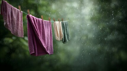 Wet colorful towels hang on a clothesline in a verdant garden during a gentle rain shower with visible raindrops falling