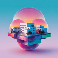 Obraz premium Isometric view of modular white buildings inside pastel-toned transparent domes