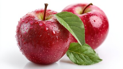 Fresh red apples with drops of water and green leaves, ideal for healthy eating concepts and delicious recipes.