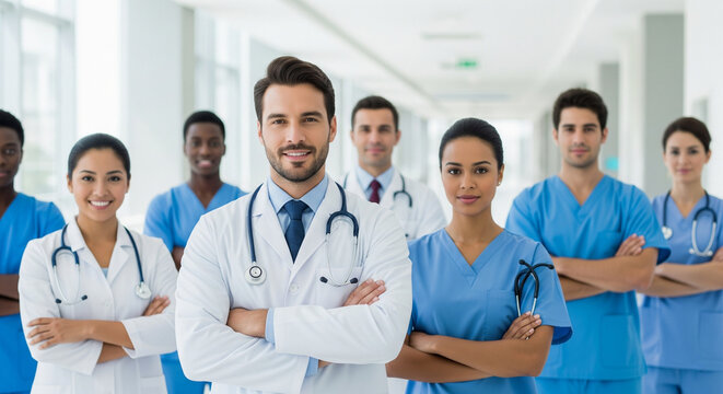 Smiling medical team in a hospital corridor, standing with arms crossed, symbolizing collaboration, expertise, and dedication in healthcare