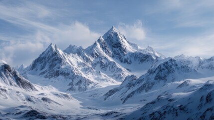 Obraz premium Majestic snow-capped mountains under a blue sky, showcasing the beauty of nature's highest peaks in winter.