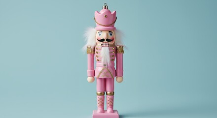 Pink wooden nutcracker figure against light blue background