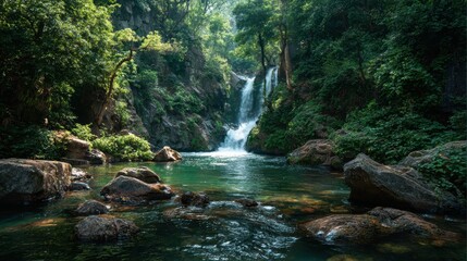 Serene waterfall cascading into a tranquil pool surrounded by lush greenery and rocky landscape.