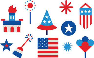 Independence day icons collection featuring american flag celebratory elements and fireworks vector art