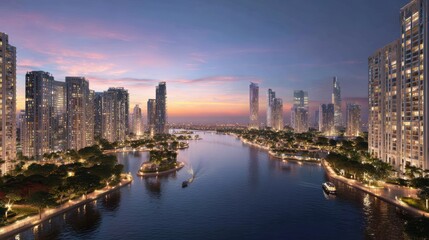Obraz premium Stunning skyline view over a river at sunset, showcasing modern skyscrapers and tranquil waters.