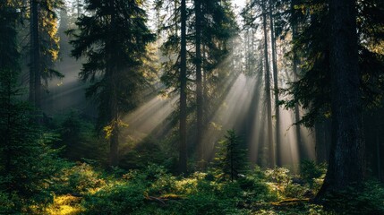 Fototapeta premium Sunlight filters through tall trees, illuminating a serene forest, creating a peaceful and enchanting atmosphere.