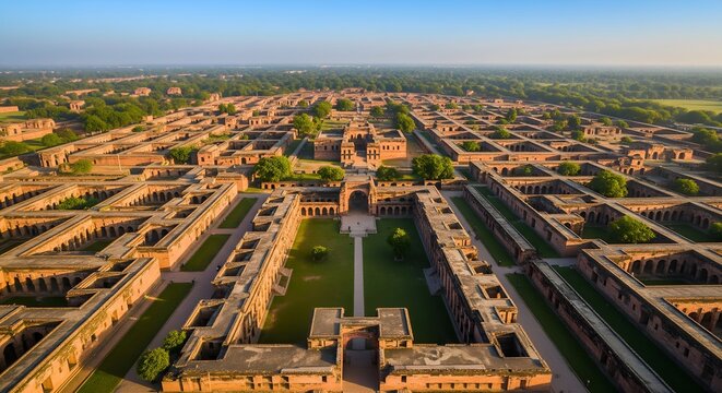 Dramatic Aerial View of Ancient Indian University Ruins, Showcasing Nalanda's Sprawling Layout and India's Rich Intellectual Legacy Under a Clear Morning Sky