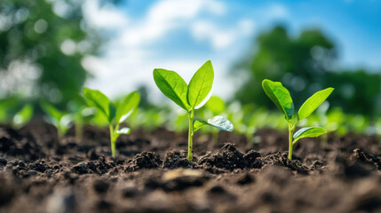 lush green tree seedlings growing in forest, blue sky.