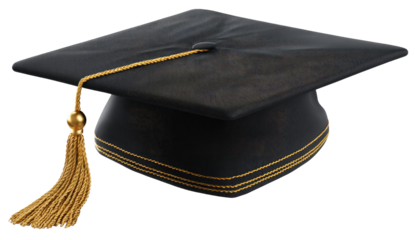 A dark, academic graduation cap, angled slightly.  A gold tassel hangs from the front