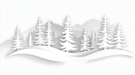 Fototapeta premium A Minimalist Paper Cutout Winter Landscape White Trees and Snow Drifts Under a Pale Sky, Clean Design
