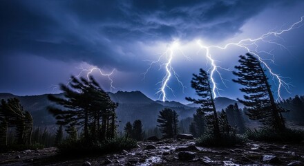 Photo of a dramatic lightning storm illuminates the night sky over a rugged mountain landscape, showcasing the raw power of nature and the beauty of a wild and untamed environment