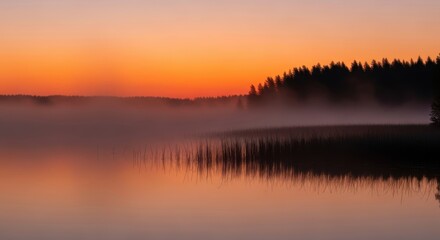 Obraz premium Misty Lake with Forest Reflection at Sunrise