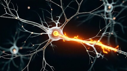 A single neuron cell firing, transmitting a glowing electrical signal through the nervous system. - Powered by Adobe