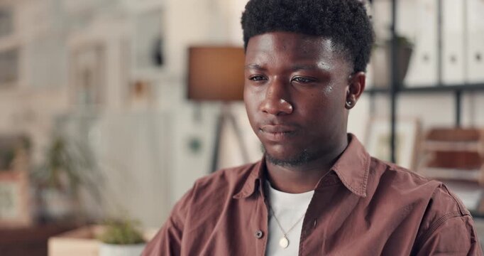 Thinking, black man and reading with laptop in office for research, editor feedback and proofreading. Smile, journalist and PC to review article, fact check and planning story of publication schedule