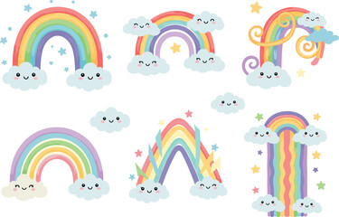 Cute cartoon rainbow illustrations with smiling clouds and stars, colorful arcs, playful shapes, and cheerful designs for kids and decor