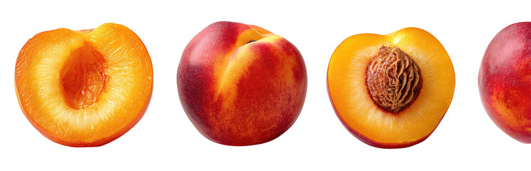 Four peach halves, showcasing the vibrant color variations of the fruit