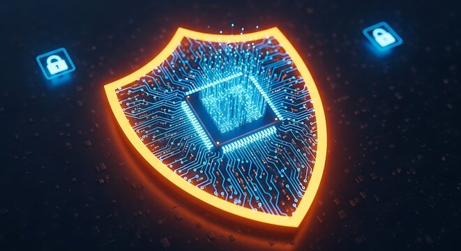 A glowing blue shield formed by intricate circuits, protecting a central computer processor chip, symbolizing digital security and data protection with lock icons