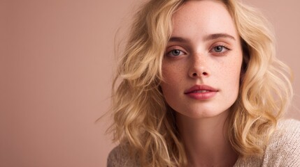 Fototapeta premium Studio portrait of a young blonde woman with loose curls, freckles, and soft makeup, looking directly at the camera.