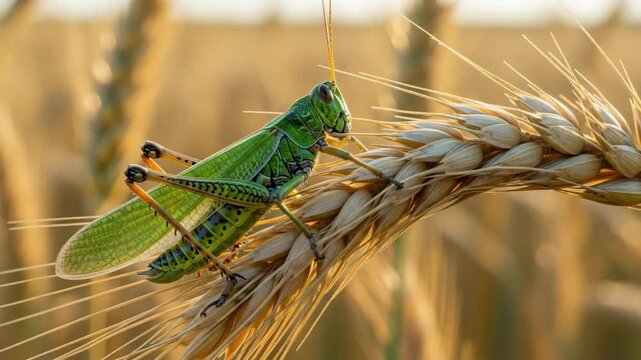 Macro close-up of a locust on golden wheat, detailed wings and antennae, cinematic photorealism showing insect as agricultural pest in natural sunlight.