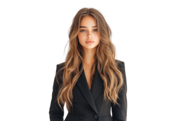 Elegant professional portrait: A stunning woman with flowing, long, brown hair, wearing a stylish black suit, and projecting confidence and grace.