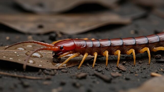 Macro close-up of a scolopendra crawling across wet leaves with water droplets, detailed legs and exoskeleton, cinematic photorealistic insect photography.