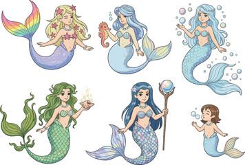 Cute colorful cartoon mermaids with unique hairstyles, accessories, and fantasy ocean elements in whimsical underwater vector illustration set for design