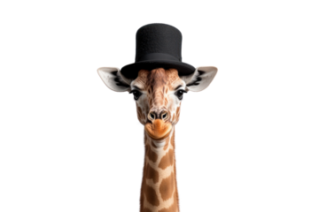 Elegant Giraffe in Top Hat: A charming close-up of a giraffe, elegantly adorned with a classic top hat, its expressive face and unique markings tell a story of sophistication and playfulness.
