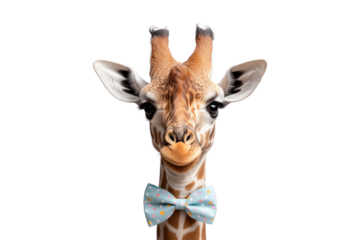 Dapper Giraffe: A charming giraffe, adorned with a stylish bow tie, exudes elegance and poise. This striking portrait, capturing the giraffe's unique markings and gentle gaze. 