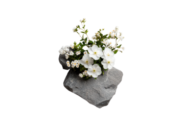 Serene Floral Stone Display: Exquisite white flowers and delicate green leaves gracefully bloom from a rugged grey stone, embodying a harmonious balance of nature's fragility and strength. 