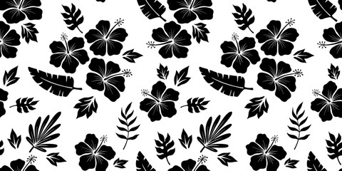 Seamless repeat pattern with hibiscus flower vector black silhouette for shirt, floral monochrome illustrations, summer hawaiian beach plant on white backdrop © Elena