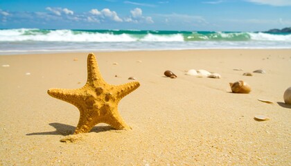 Starfish on sunny beach, ocean waves