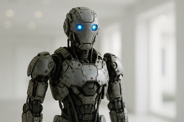 Fototapeta premium Intricate robotic figure with glowing blue eyes. Advanced AI automation stands ready for future technology.