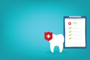 Dental insurance, dental care concept. Dental insurance form, tooth and shield , flat design graphic elements	